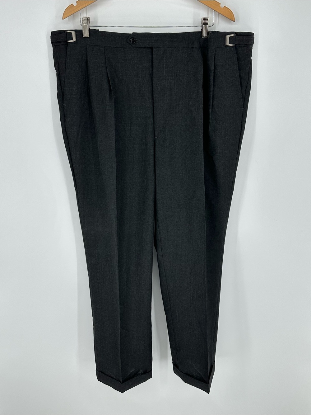 Vintage Norm Thompson Mens Sz 42 Adjustable Wool Blend Dress Pants Dark Gray R2